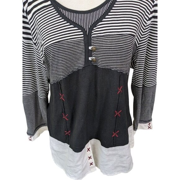 Parsley Sage Womens Tunic Top Artsy Black Stripe Size XL Long Sleeve Embroidery - Picture 2 of 7